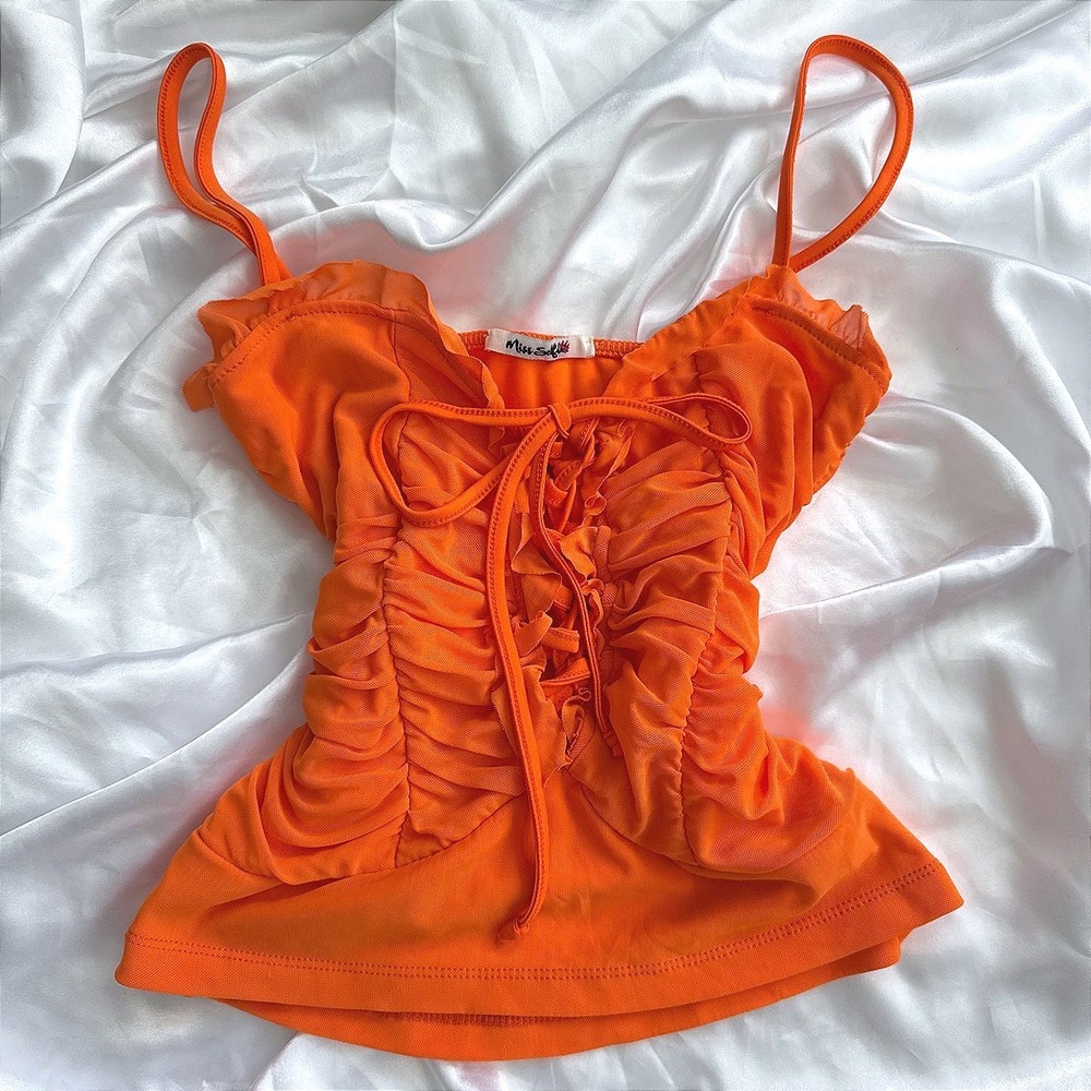 Miss Selfie Orange Ruched Mesh Lace Up Camisole Top Ruffle Neck Cami Small